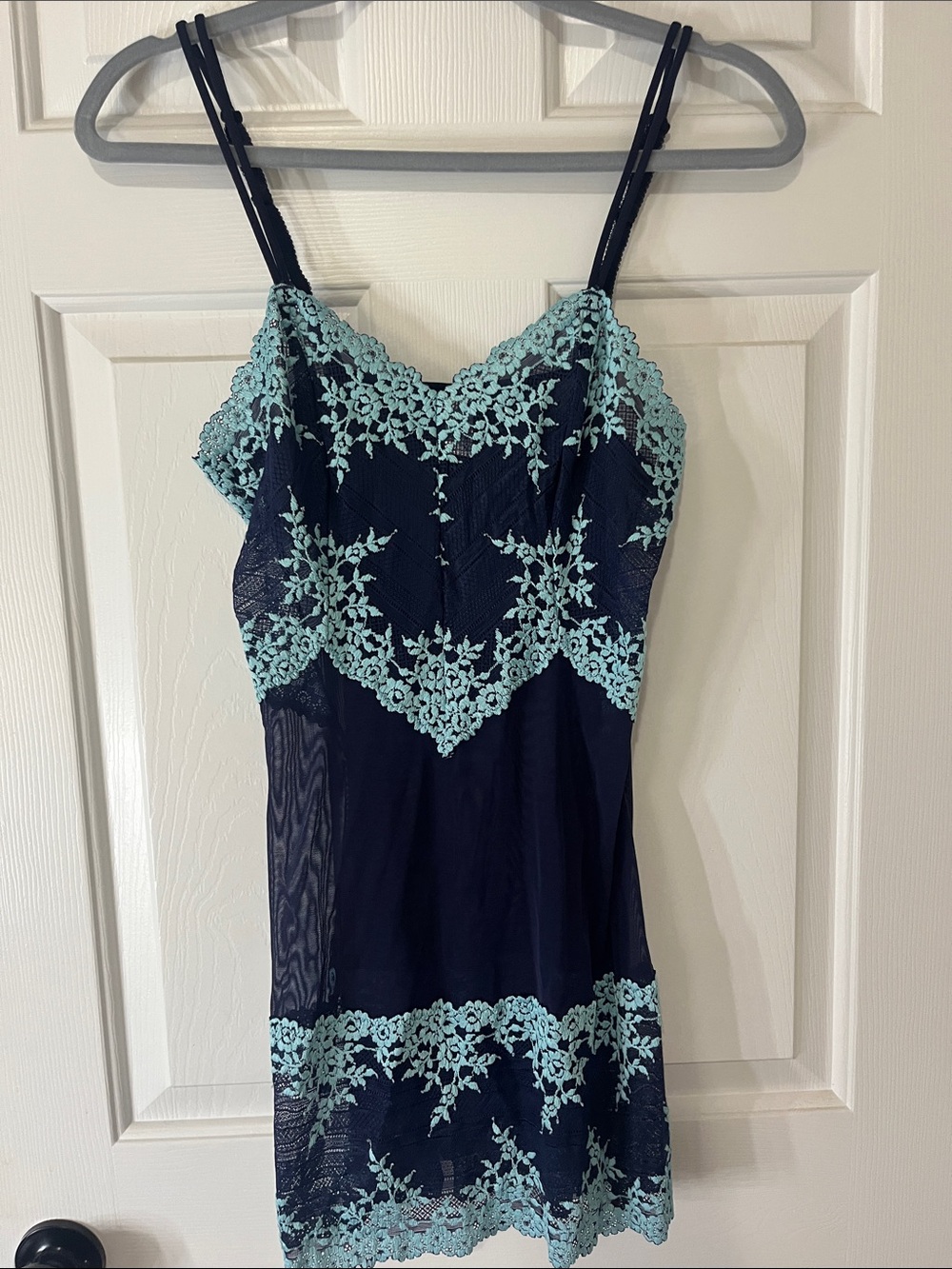 Navy Blue Slip Dress with Aqua Lace Trim